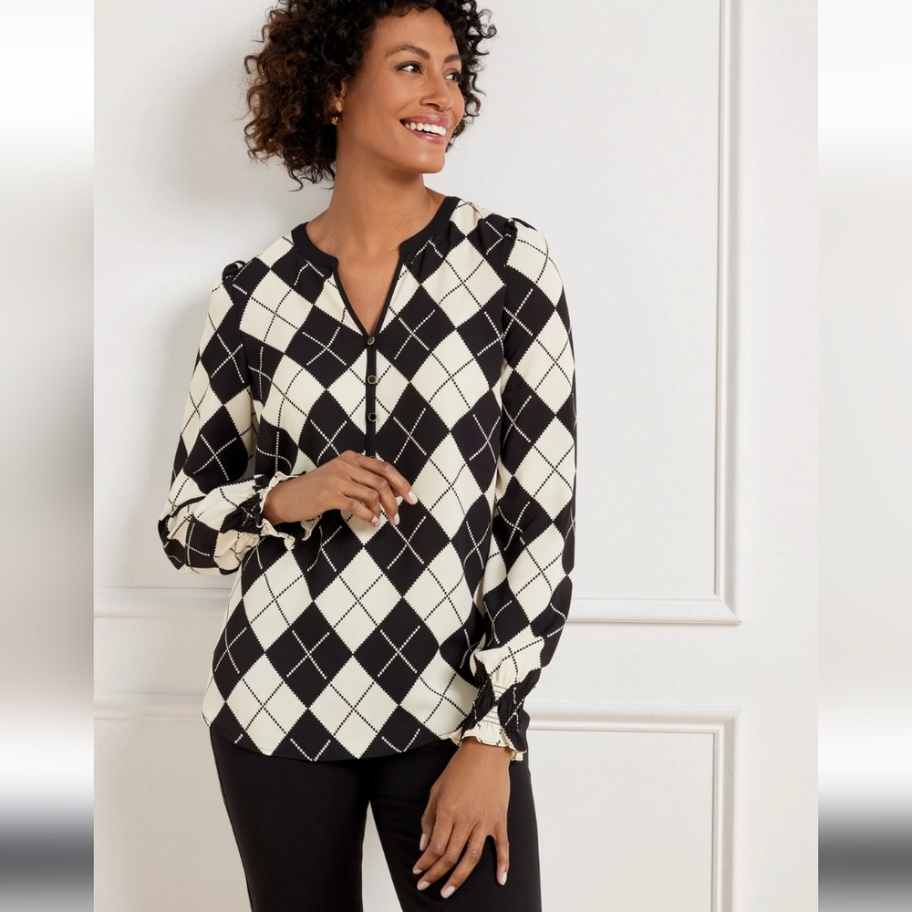 Talbots Womens Smocked Cuff Blouse Printed Argyle Quiet Luxury Plus Size 2X